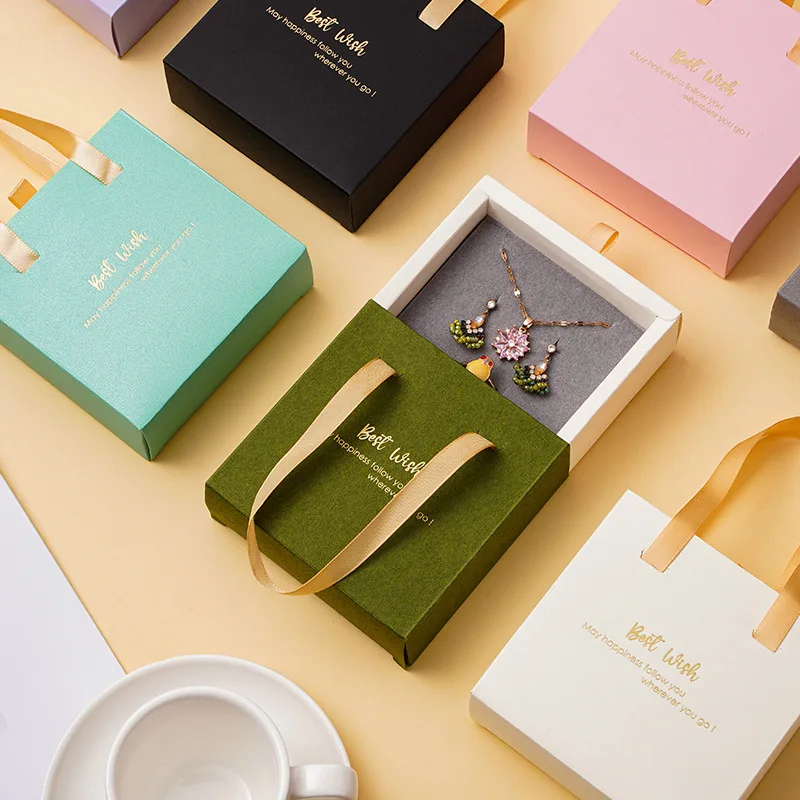 Custom Luxury Hot Stamping Printed Foldable Drawer Sliding Jewelry Packaging Gift Box With Ribbon Handle