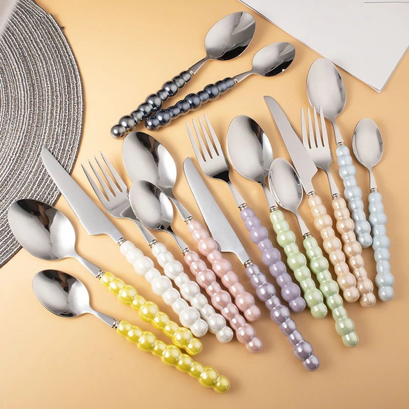 Ceramic Handle Luxury Spoon Fork And Knife Set Stainless Steel Silver Wedding Cutlery Set