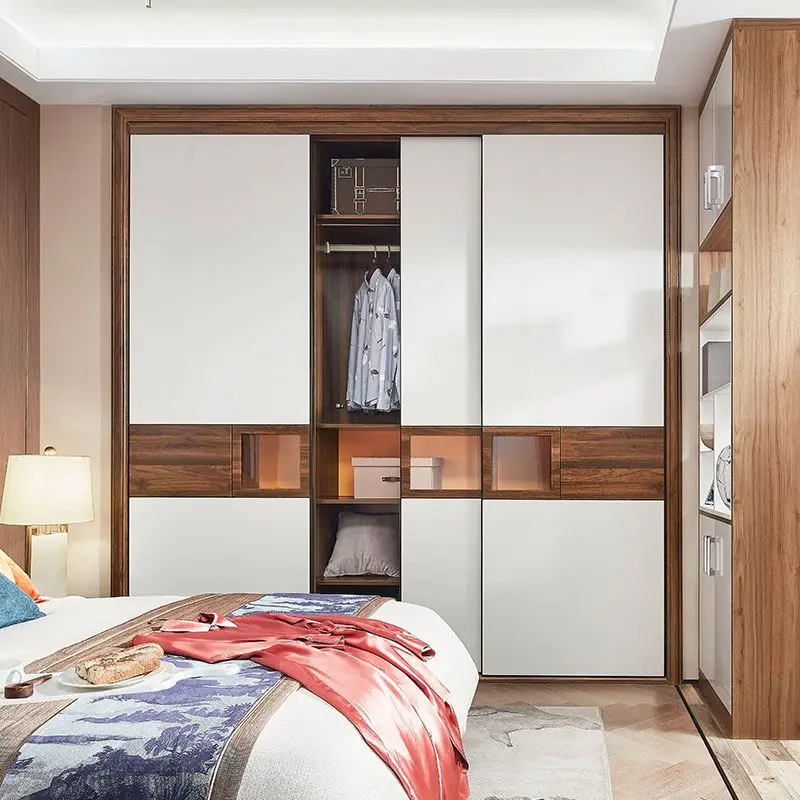 OPPEIN Cherry Wood With Six Solid Wood Doors White Closet Corner Gloss Mirror Bedroom Closet Large Cheap Multifunction Wardrobe