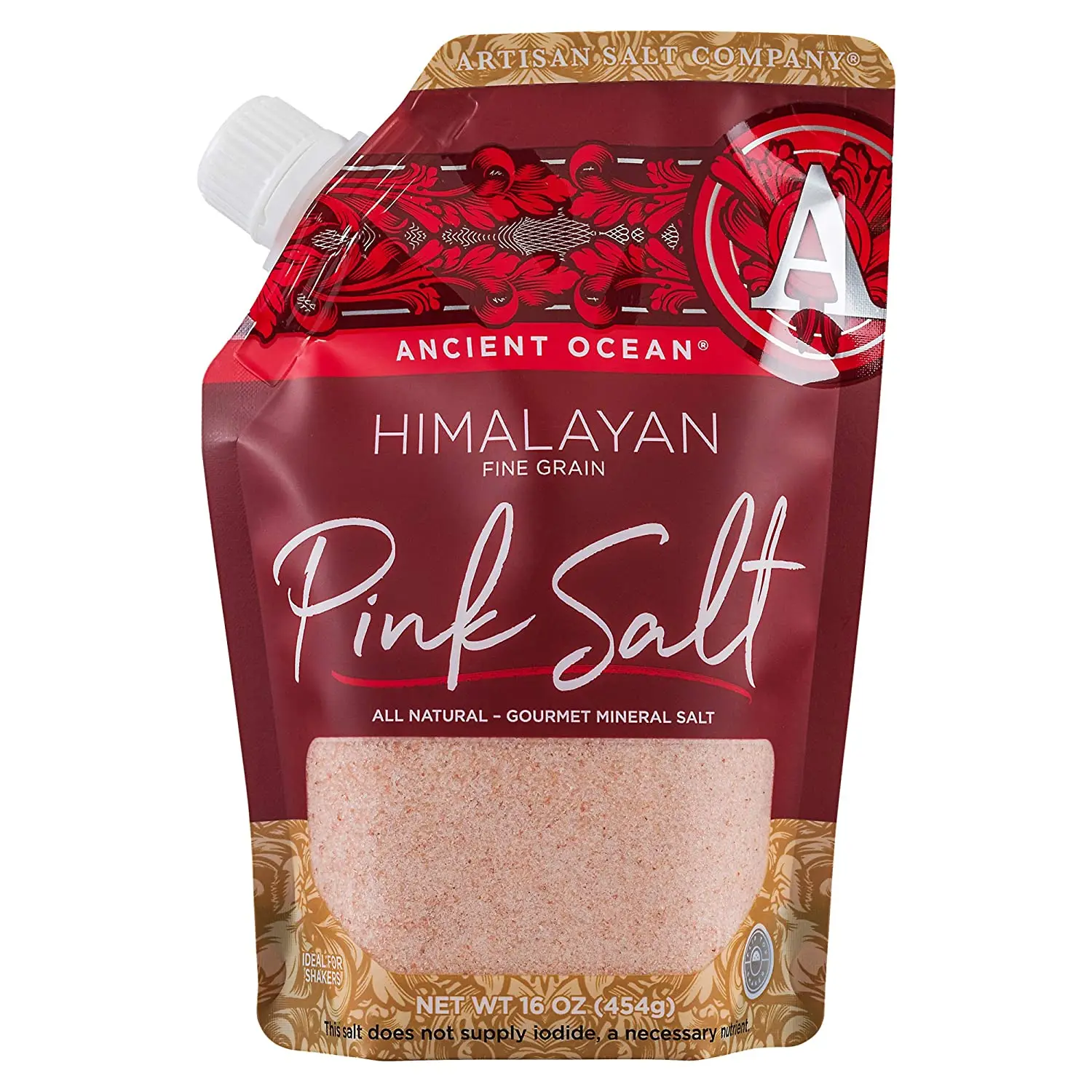 Organic Pack Bag All Natural Fine Grain Pour Spout Pouch 16 Ounce Ancient Ocean Himalayan Pink Mineral Salt