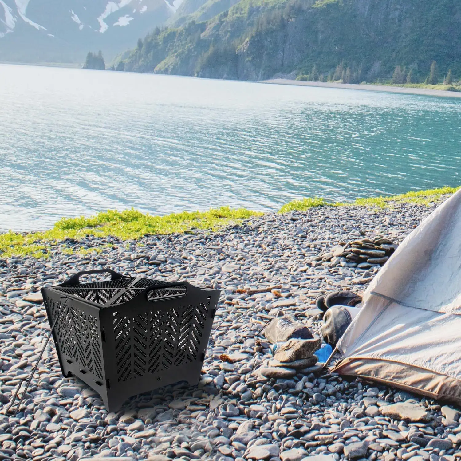 Jetshark 19inch Portable Outdoor Campfire Firebox Folding Flat Pack Garden Fire Pits with BBQ Grill