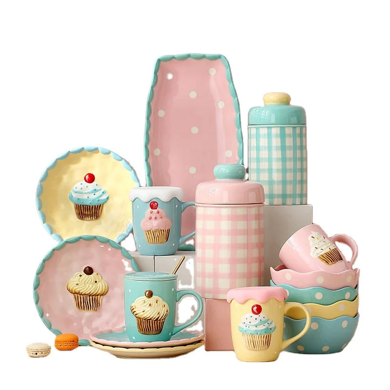 Solhui Hand painted cake lovely ceramic tableware birthday party cup plate set cartoon cute dishes