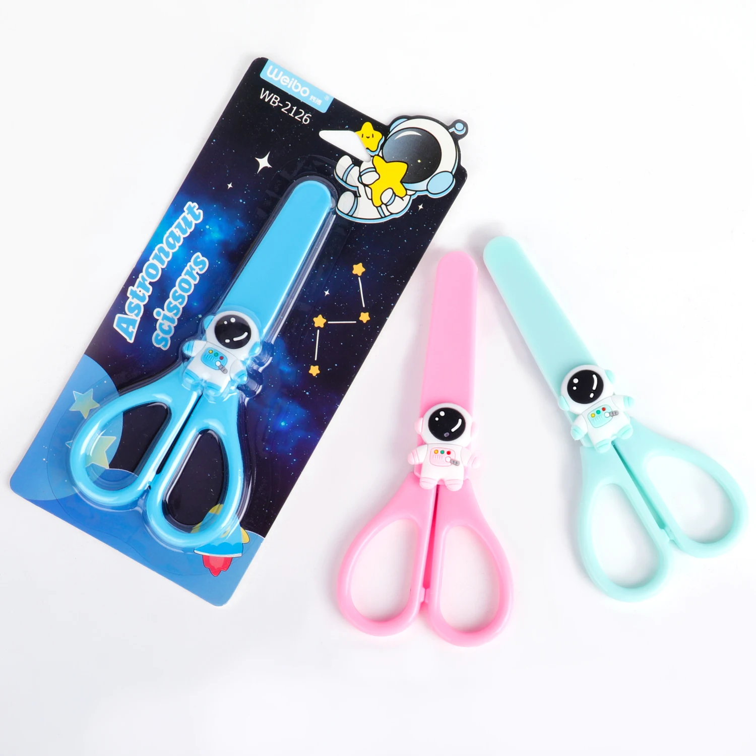 Weibo Plastic Pink Blue Green Safe School Kids Hot Sale High Quality Safety  Cartoon Astronaut paper Student Scissors for kids