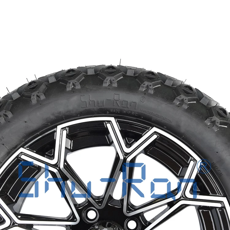 14' Golf Cart Machined/Glossy Black Wheels and 22x10-14 All Terrain Tires