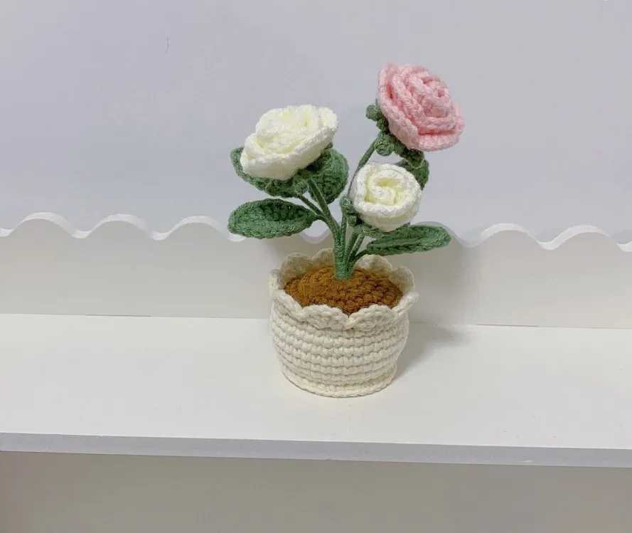 2023SYWhite Roses Artificial Flowers Crochet Potted Plant Wedding Decorative Vases for Home Decor Bride Bouquet Foam Craft Gifts