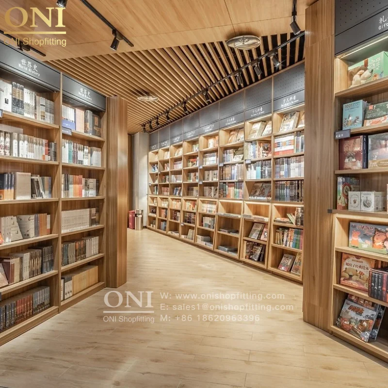 ONI Shopfitting Customized Bookstore Interior Design Display Racks Retail Wooden Bookstore Display Furniture