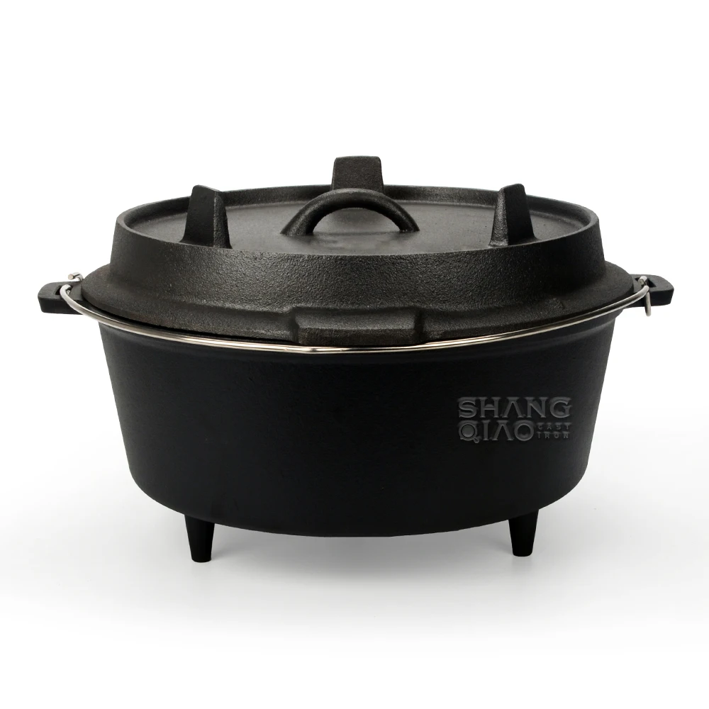 Outdoor Round Black Pre-Seasoned Cast Iron Cauldron Camping Dutch Oven WIth Lid Lifter