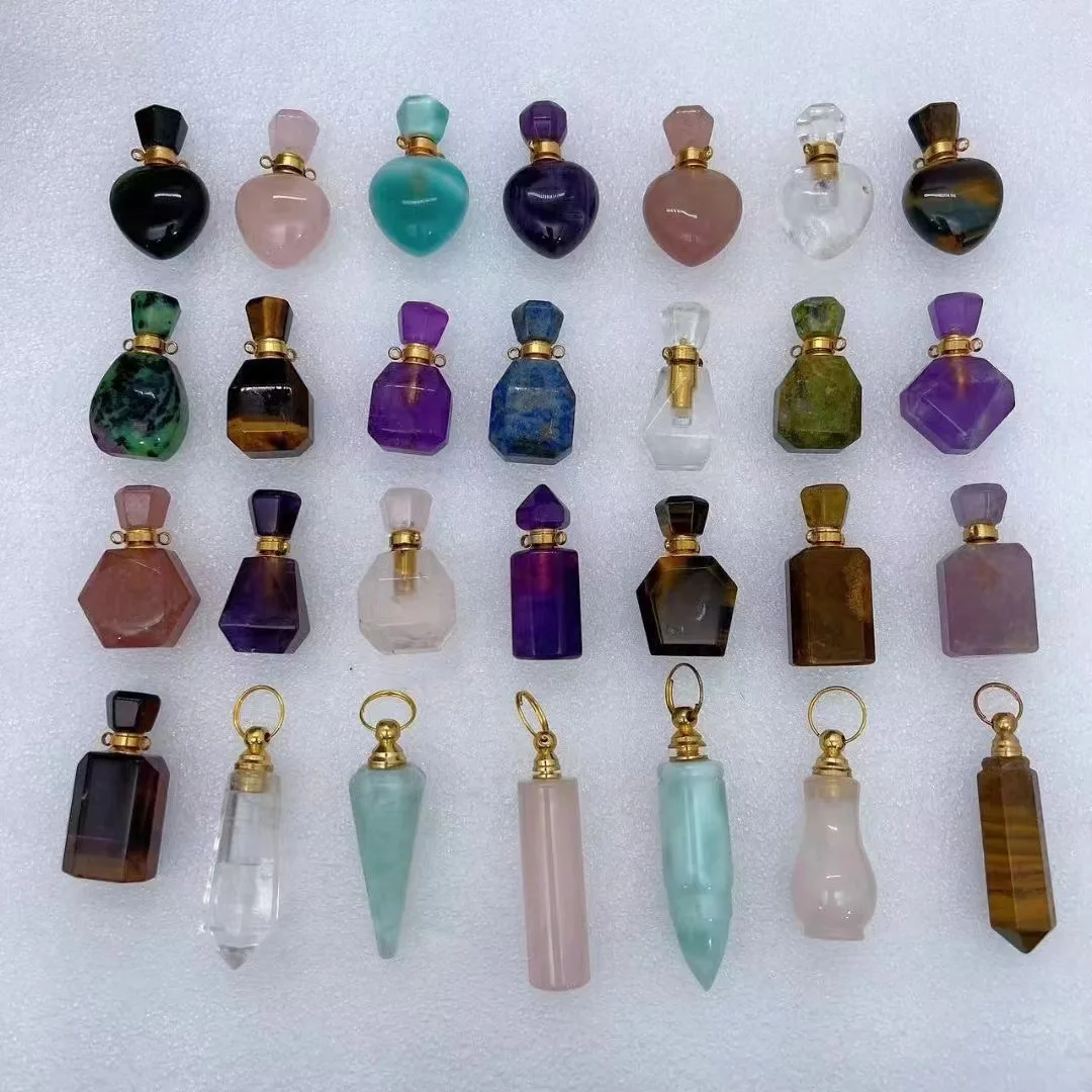 Wholesale Price Mixed Gemstone Essential Oil Bottles Crystal Perfume Bottle Necklace Pendant For Gift