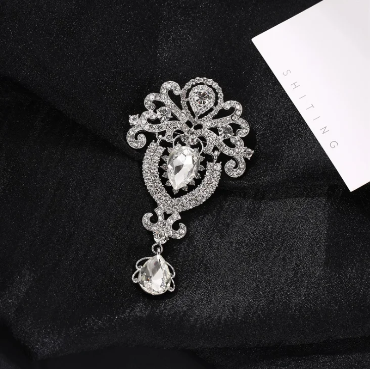 Fashion Luxury Crystal Silver Color Crown Brooch Jewelry Women Brooches for Wedding Big Water Drop Scarf Brooch Pins