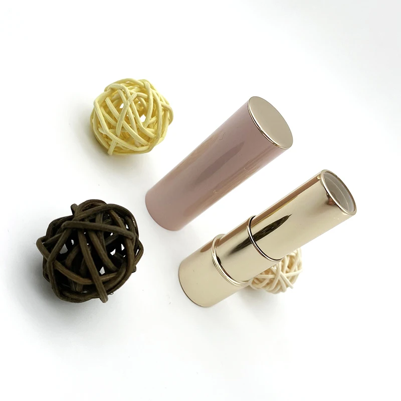 Empty pink gold round lipstick tube vertical fine Stripe three parts additional top metal piece flat inner tube click top tube