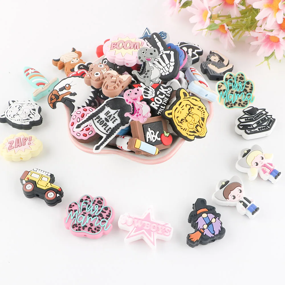 Food Grade Bpa Free Animal Cartoon Shape Silicone Focal Beads Baby Teehting Toys For Pens Keychain Bracelet Silicone Craft Beads