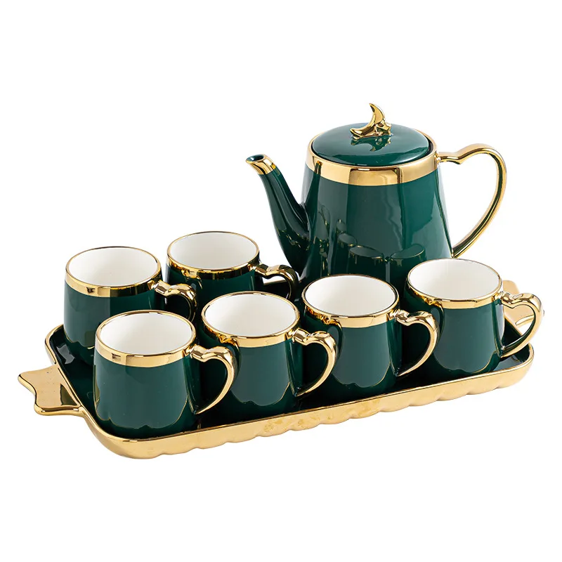 2024 Light Luxury European Household Ceramic 8pcs Coffee Tea Set For Cup And Kettle And Tray Green Color Shining Golden Line