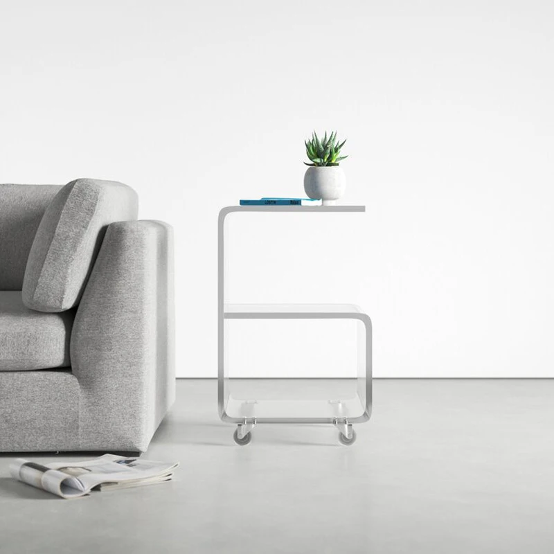 Modern Simple G Shaped Clear Furniture Acrylic Sofa Side Coffee Table on Wheel