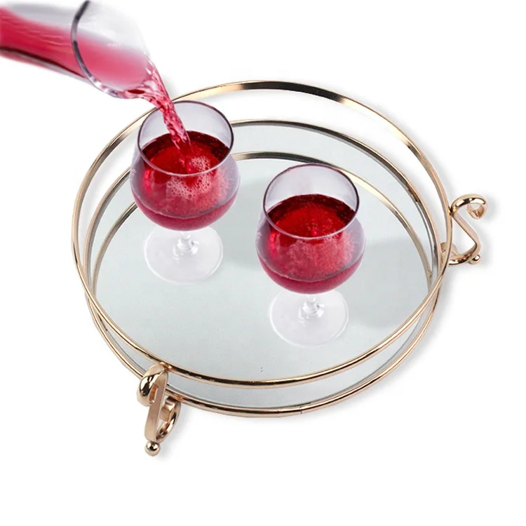 
rts vanity luxury perfume round metal decoration mirror tray home decor glass gold mirror trays 