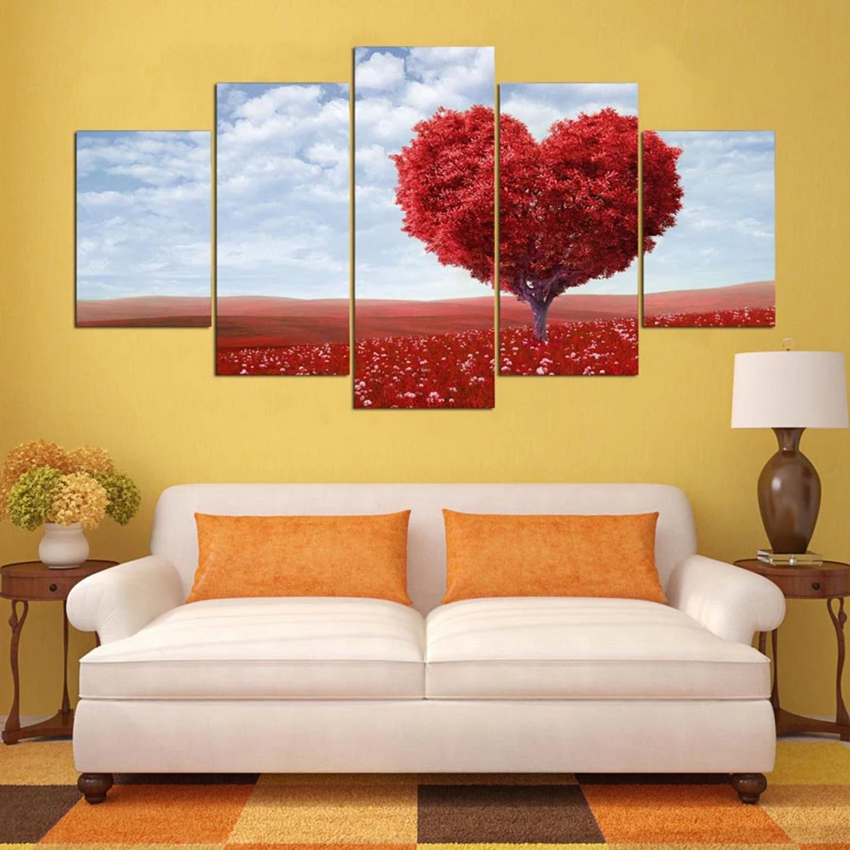 5 Panels Red Loving Heart Tree Wall Art Posters For Modern Home Decor HD Canvas Painting Living Room Modular Pictures