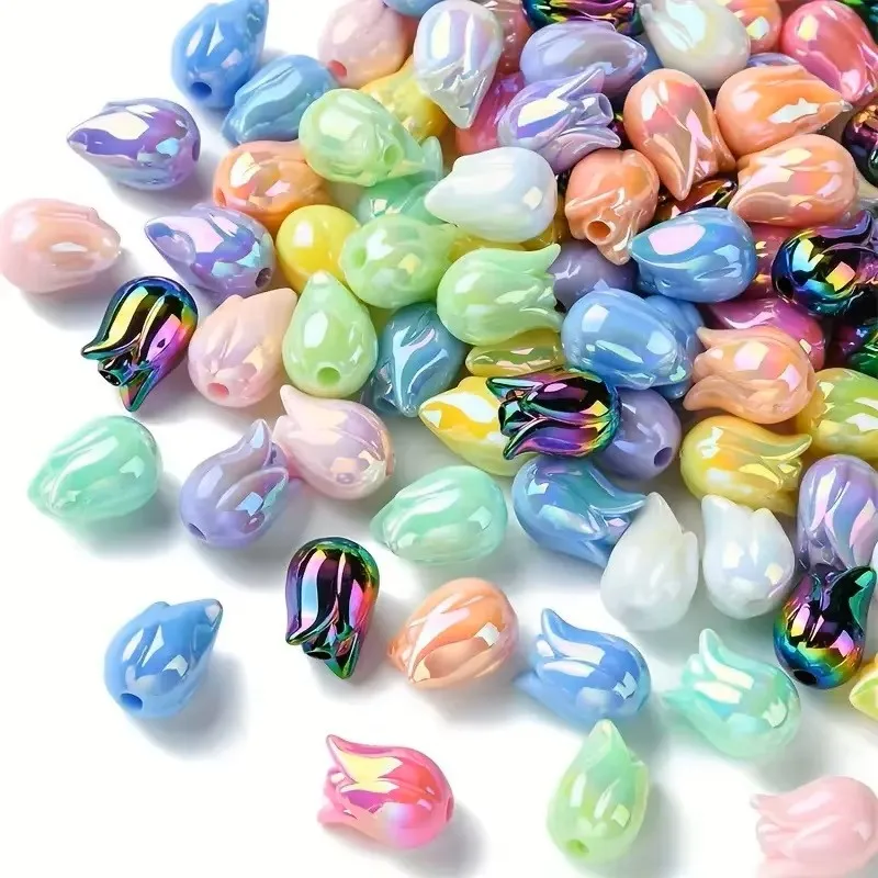 SOJI Hot Sale macaron color plastic pendants loose spacer beads acrylic UV tulip flowers beads for Bracelets Jewelry Making