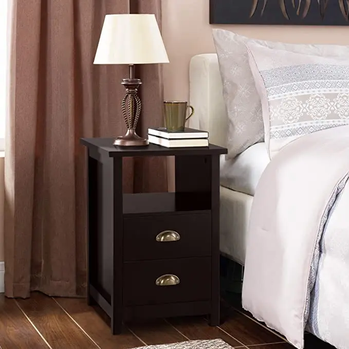 Bedside Tables Set of 2 Wood Set of 2 Drawers End Tables with Storage & Open Shelf for Bedroom Hallway & Living Room