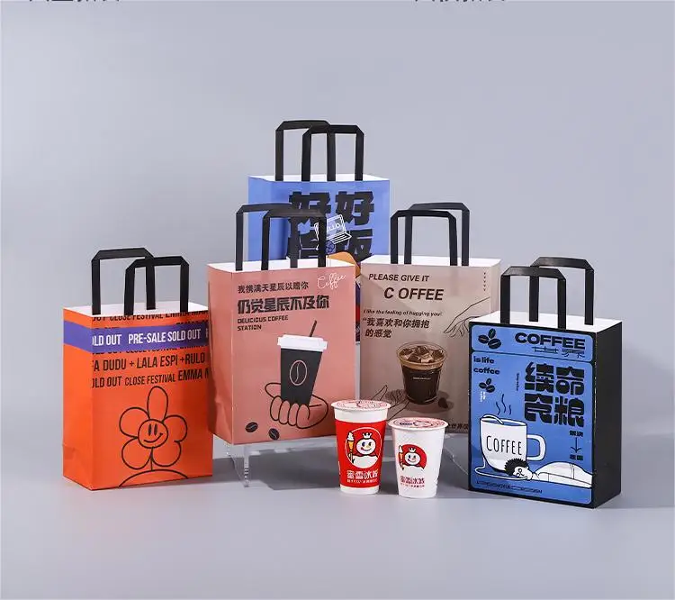 Restaurant Takeaway Custom Shopping Flat Twisted Handles Brown White Pink Black Custom Kraft Paper Bags with Your Own Logo