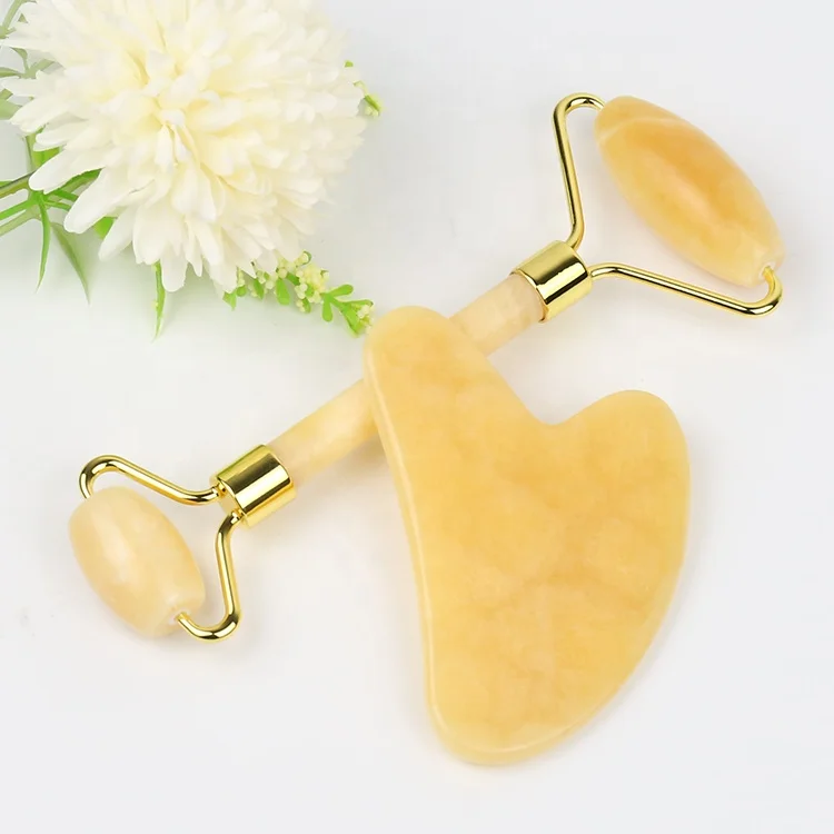 Jade Face Roller Face Eye Massage Equipment Face Massage Roller Natural Jade Stone Yellow Jade Roller Gua Sha Set