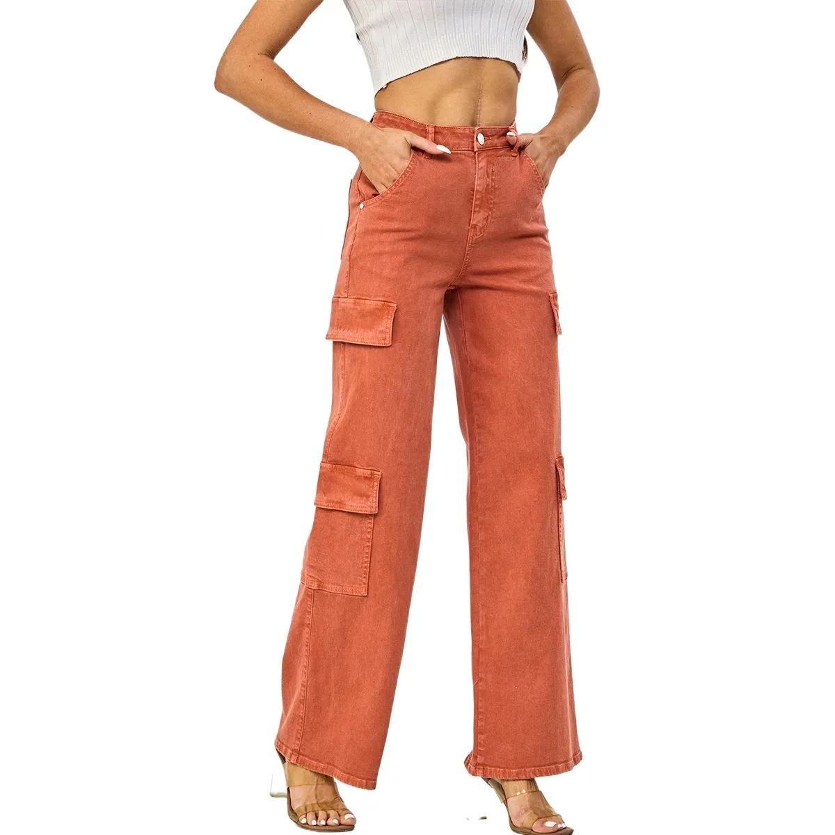 Hot Selling Female Brown High Waisted Wide Leg Jeans for Women Customized Pocket Cargo Pants