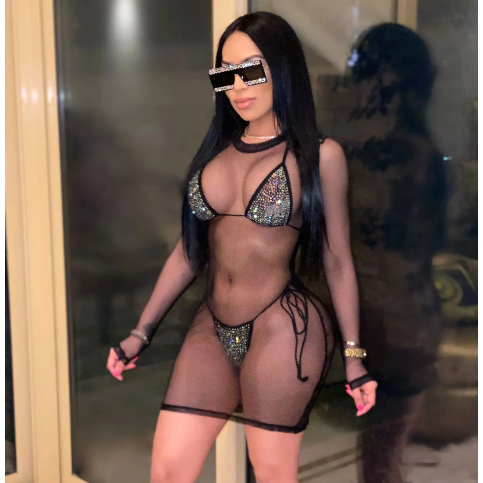 
Vacation outfits for woman panty and bra sets for girls suit women show wais big sale 2 piece bikini net gauze coverall 