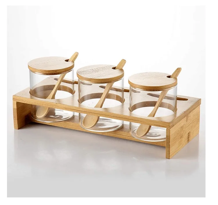 Bamboo Wood Rack with Glass Spice Jar Bottle container