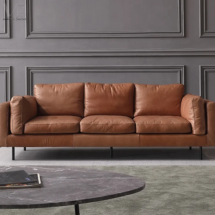 Retro Italian Design Vintage European Modern Living Room Furniture Brown Genuine Corner Tan Leather Sectional Sofas Couches