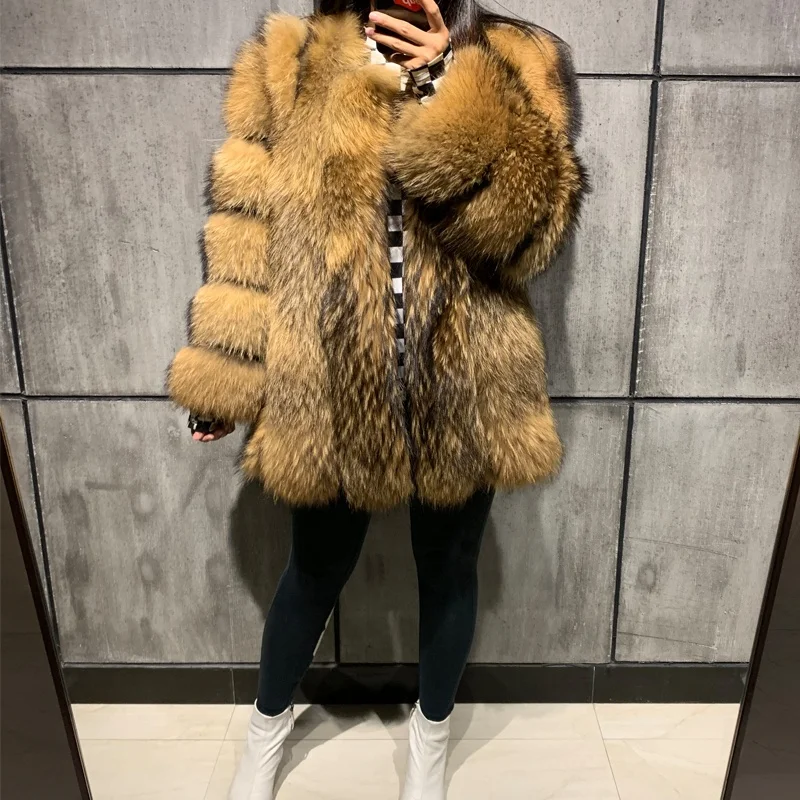 Winter Warm Natural Raccoon Fur Coat Women Ladies Long Fox Fur Coat Jacket