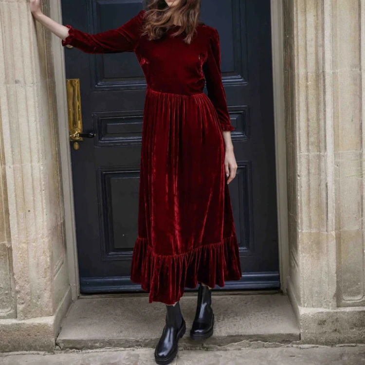 100% Viscose Velvet Women Red Velvet Dress Crew-neck Velvet Maxi Dress Elegant Party Dresses