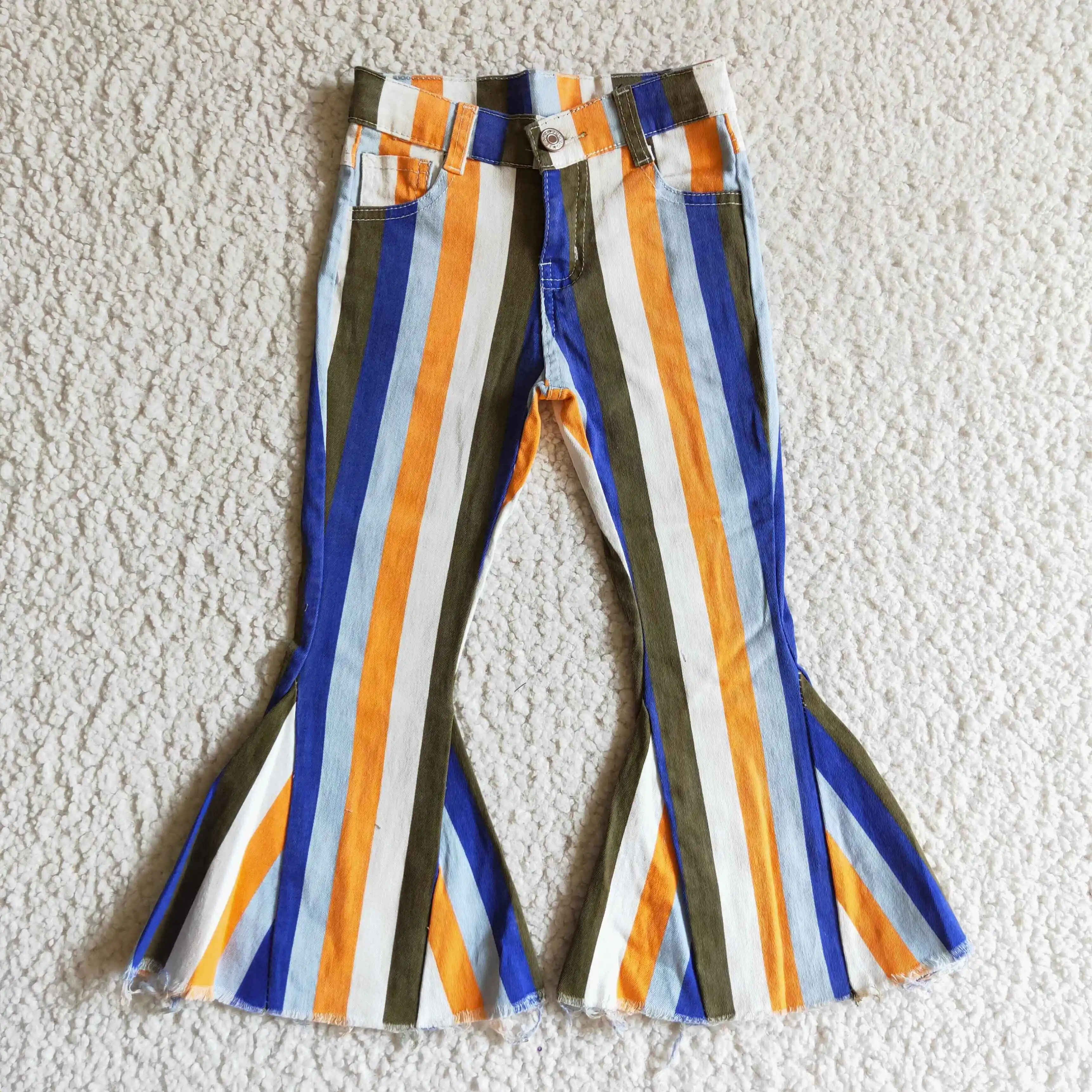 Fashion Colorful Striped Elastic Bell Bottoms Denim Pants Wholesale Children Boutique Trousers Kids Wear Girls Toddlers Jeans