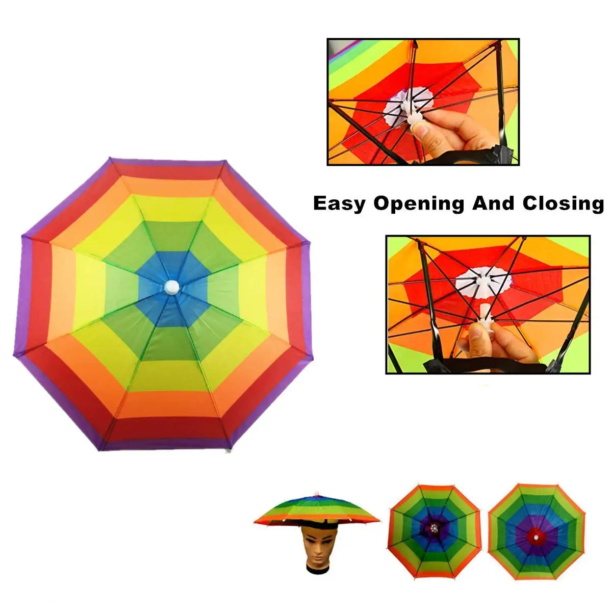 Umbrella Hat With Head Strap Funny Rainbow Waterproof Fishing Umbrella Adjustable Fits For All Ages,