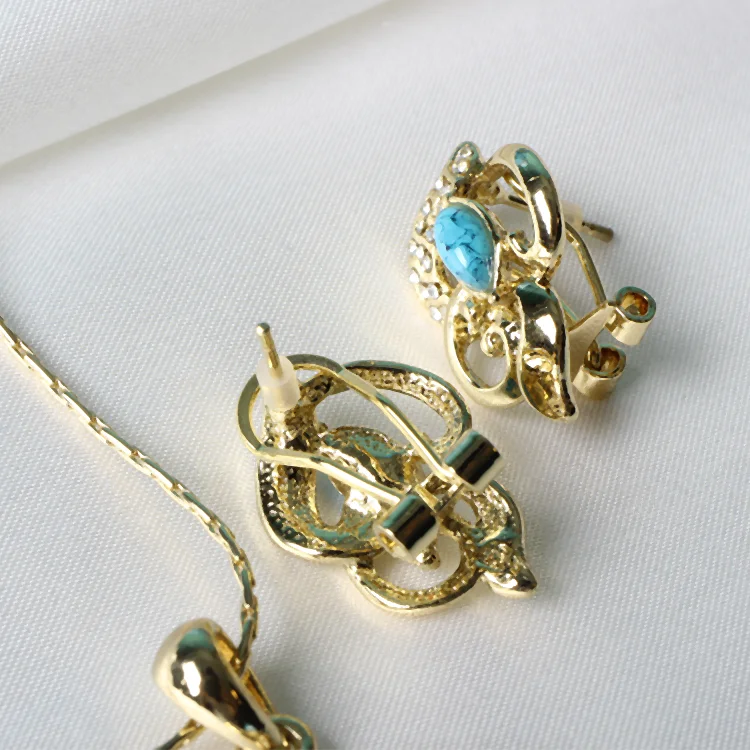 V&R Fashion Jewelry Acrylic Turquoise Stone And Crystal Rhinestones Earring Necklace Set  Jewellery