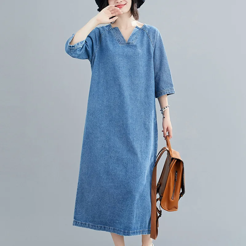 Wholesale Blue A-Line Loose Half Short Sleeve Solid Casual V Neck Fashion Long Cotton Denim Maxi Dress Women Slits With Pockets