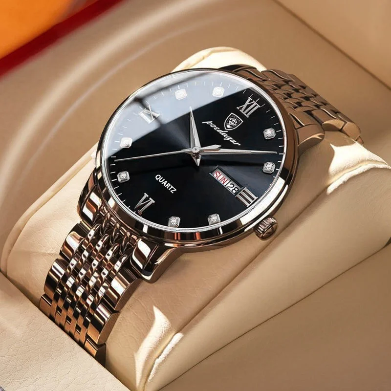 Luxury Business Men Date Week Stainless Steel Waterproof Luminous Wristwatch Quartz Watch for Men