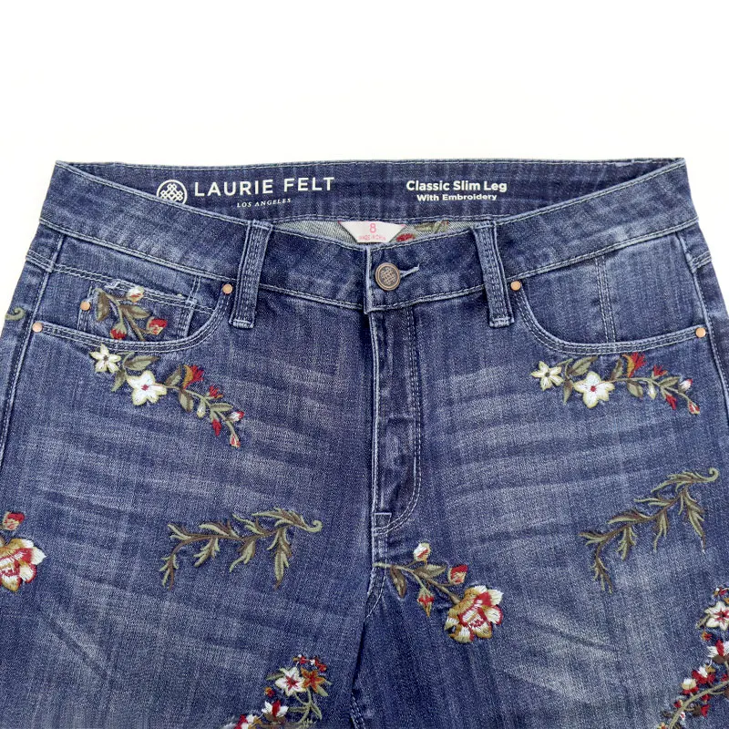 Western Fashion High Waist Sky Blue Embroidered Cow Straight Leg Denim Jeans Women trousers jeans denim