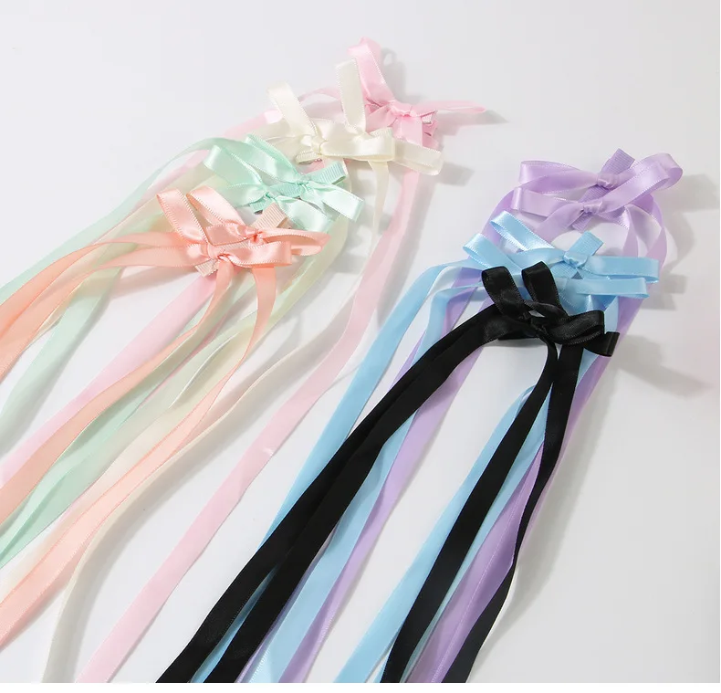 HC023E Fashion Double Long Ribbon Bow Hair Clip Solid Color Women Duckbill Clip Sweet 4.5cm Bowknot Hair Accessories Barrettes