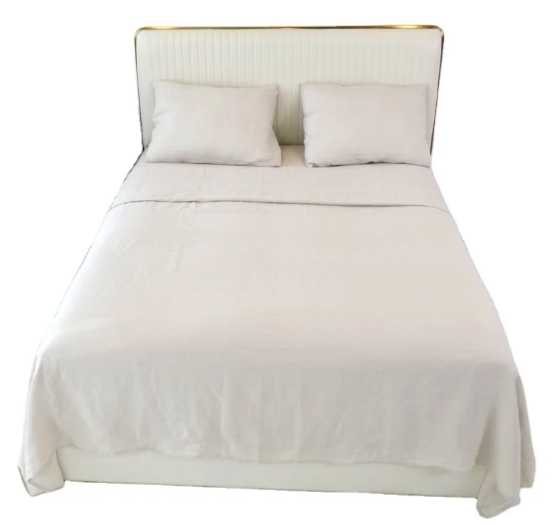 Queen Size 100% French Linen Fabric 4 Pieces Sheet Set Soft Skin Friendly Luxury Bed Sheet Stone Washed