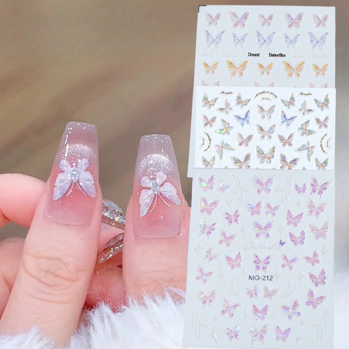 New Glass Butterfly Nail Sticker Pink Shell Light Colorful Butterfly Wearing Armor Jewelry Nail Sticker