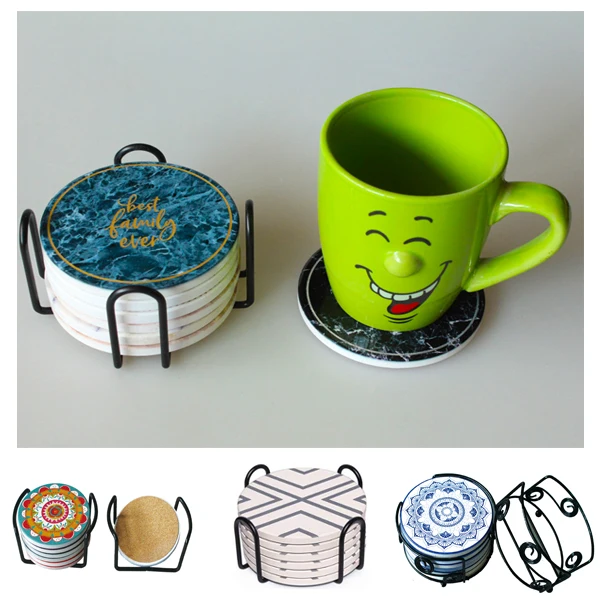 water absorbent marble mug coaster with gold coaster for drinks in metal holder