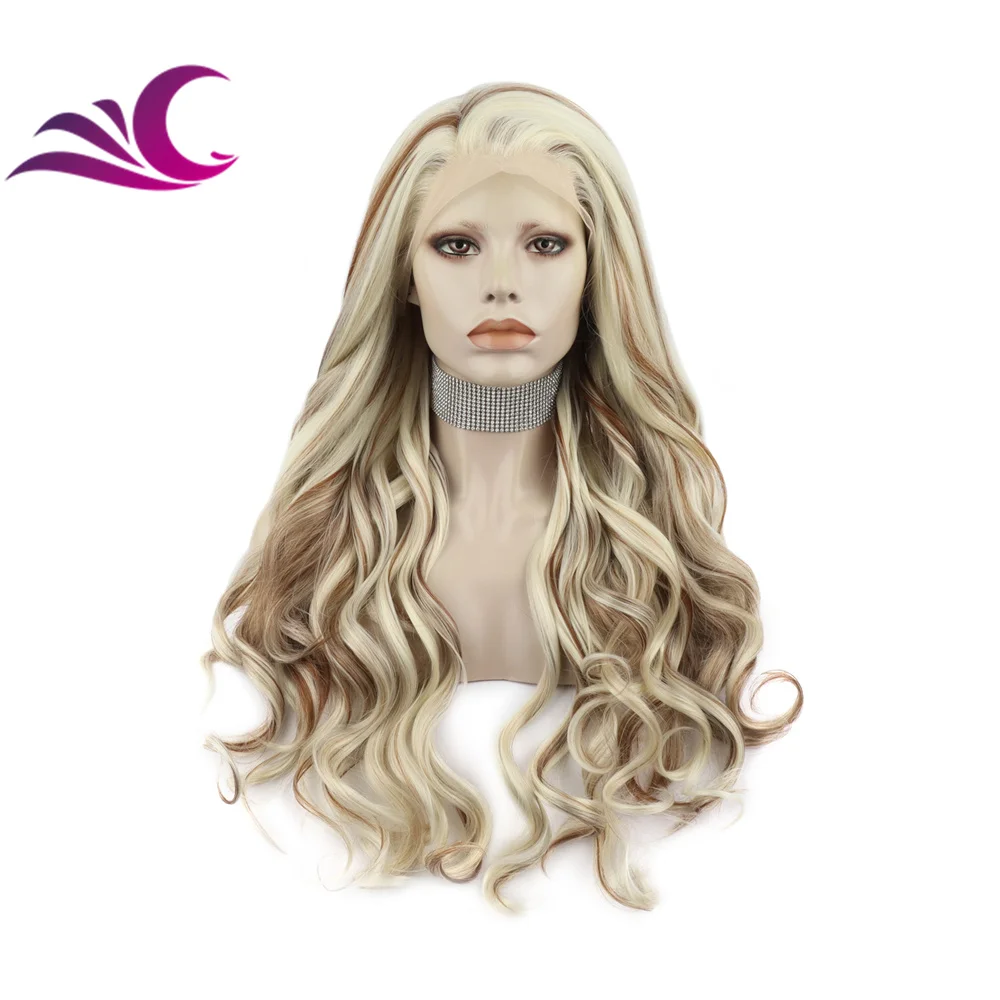 Celebrity highlight honey blonde piano color long curl pre-plucked natural hairline transparent lace front wig synthetic hair