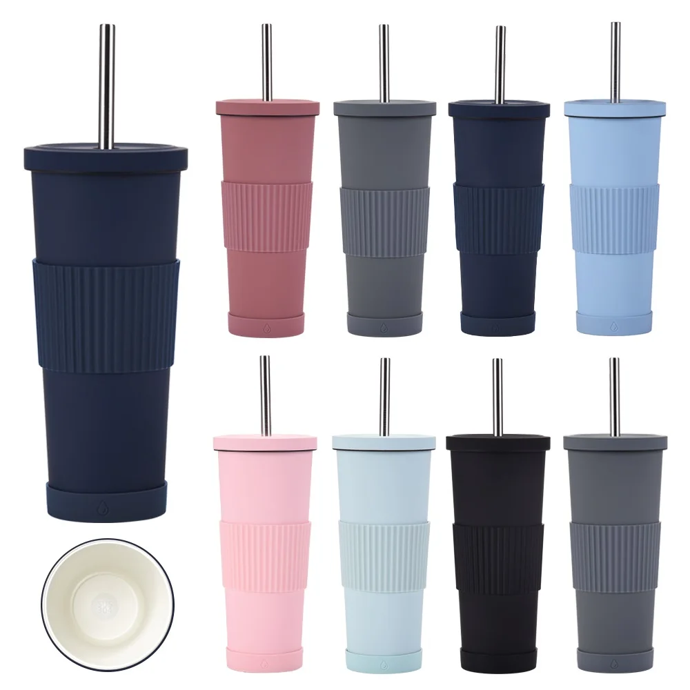 Large Capacity 830ml Double Wall Stainless Steel Straw Vacuum Tumbler With Silicon Sleeve in Ceramic Liner For Coffee Cola Water