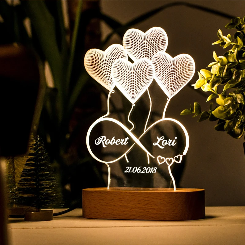 Diy Custom Creative Kids Room Gift Loving Heart Acrylic Wooden Base RGB LED 3D Night Light