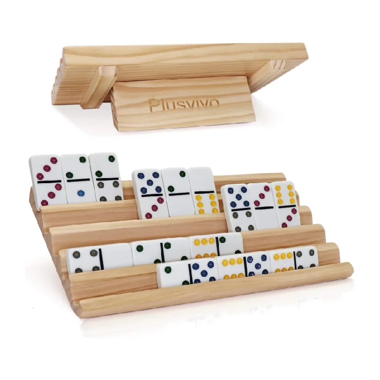 Domino Racks Set of 2, Wooden Domino Trays Holders Organizer for Mexican Train and Other Dominoes Games