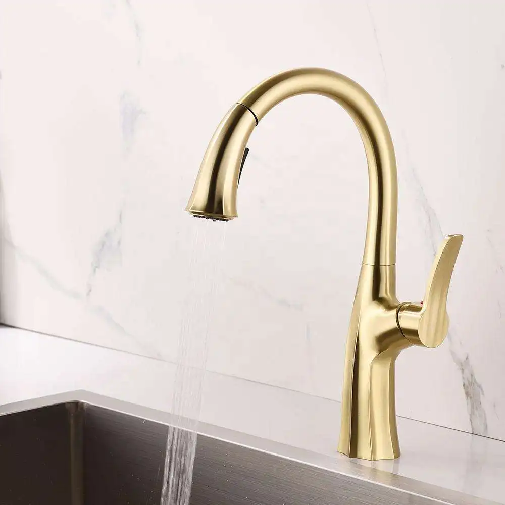 cUPC Brass Brushed Gold Pull Down Water Mixer Sprayer Kitchen Sink Faucet