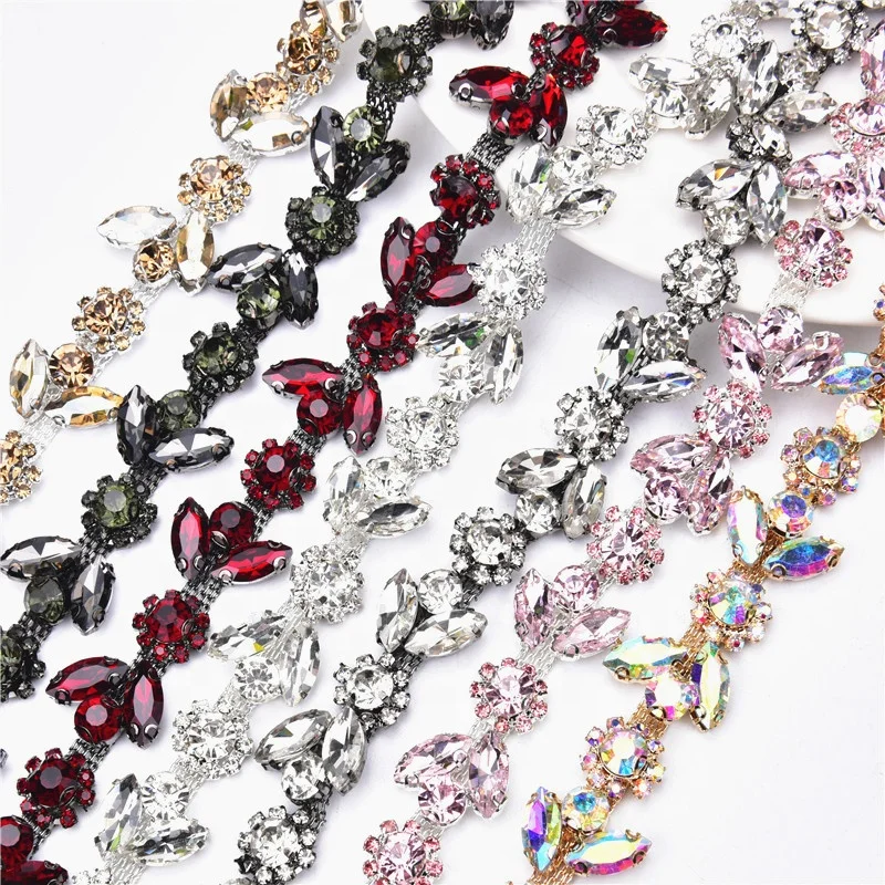 Crystal Rhinestone Flower Chain Trim Bling Horse Eye Glass Diamond Sew On Wedding Dress Shoes Accessory Wholesale Diy