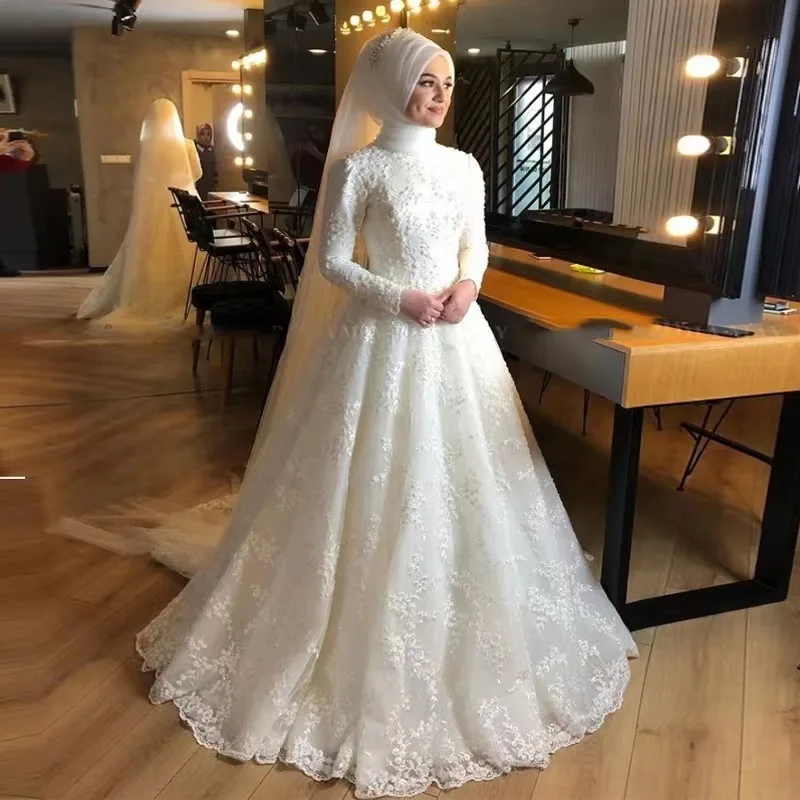 Muslim Wedding Dresses for Women  Luxury Long Wedding Gowns Lace Applique Bead Elegant Bride Dress