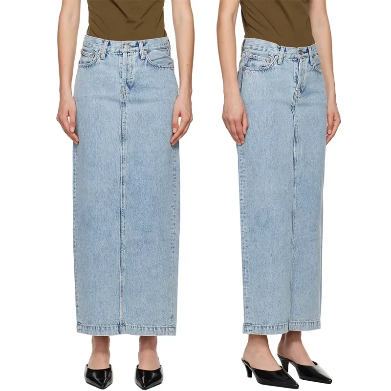 European Chic Blue Faded Button Fly Split Slim Midi Jeans Skirt Retro High Waist Casual Denim Pencil Skirt For Lady