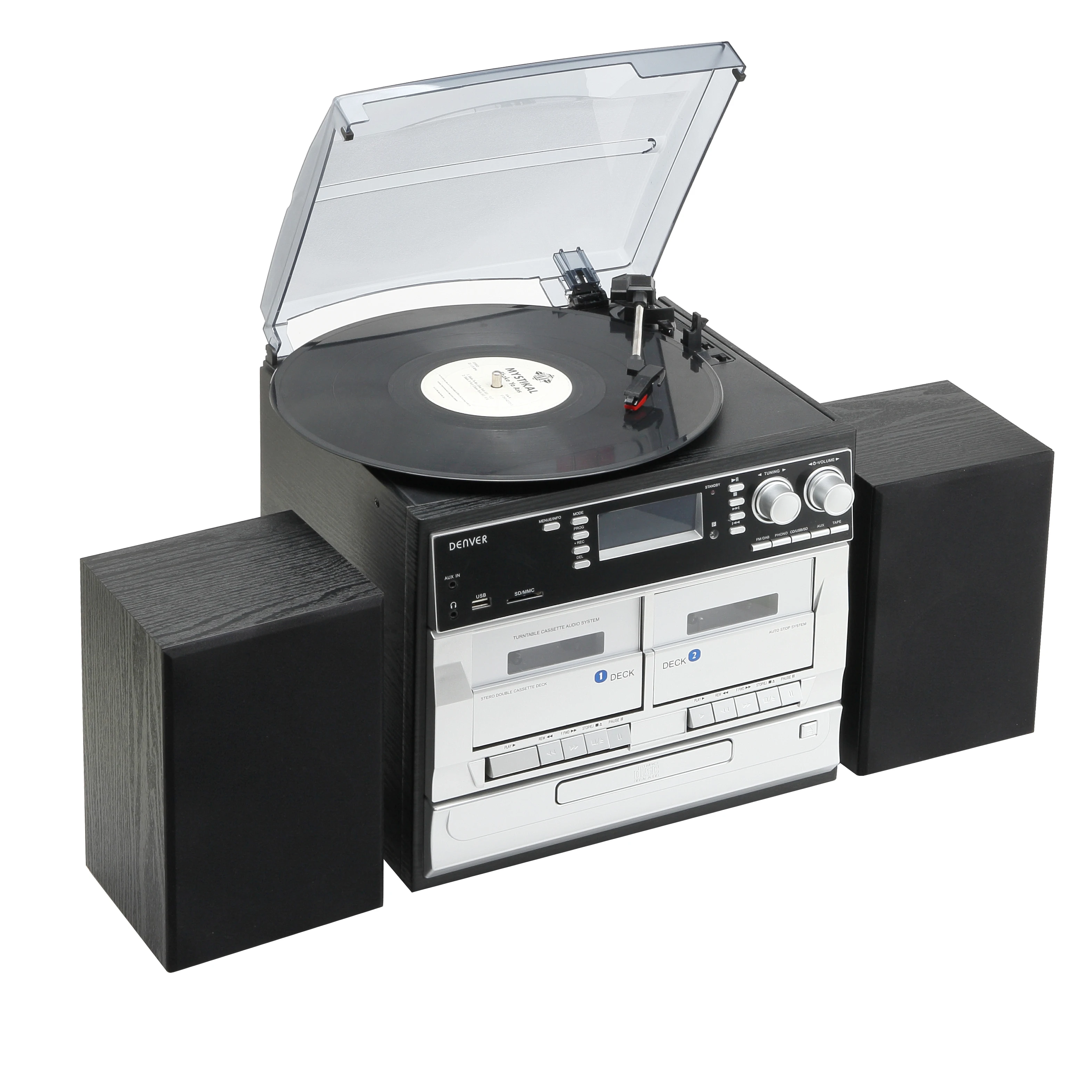 Phonograph Music center VINYL RECORD PLAYER WITH external speakers CD player USB SD Cassette play&record FM AM Radio
