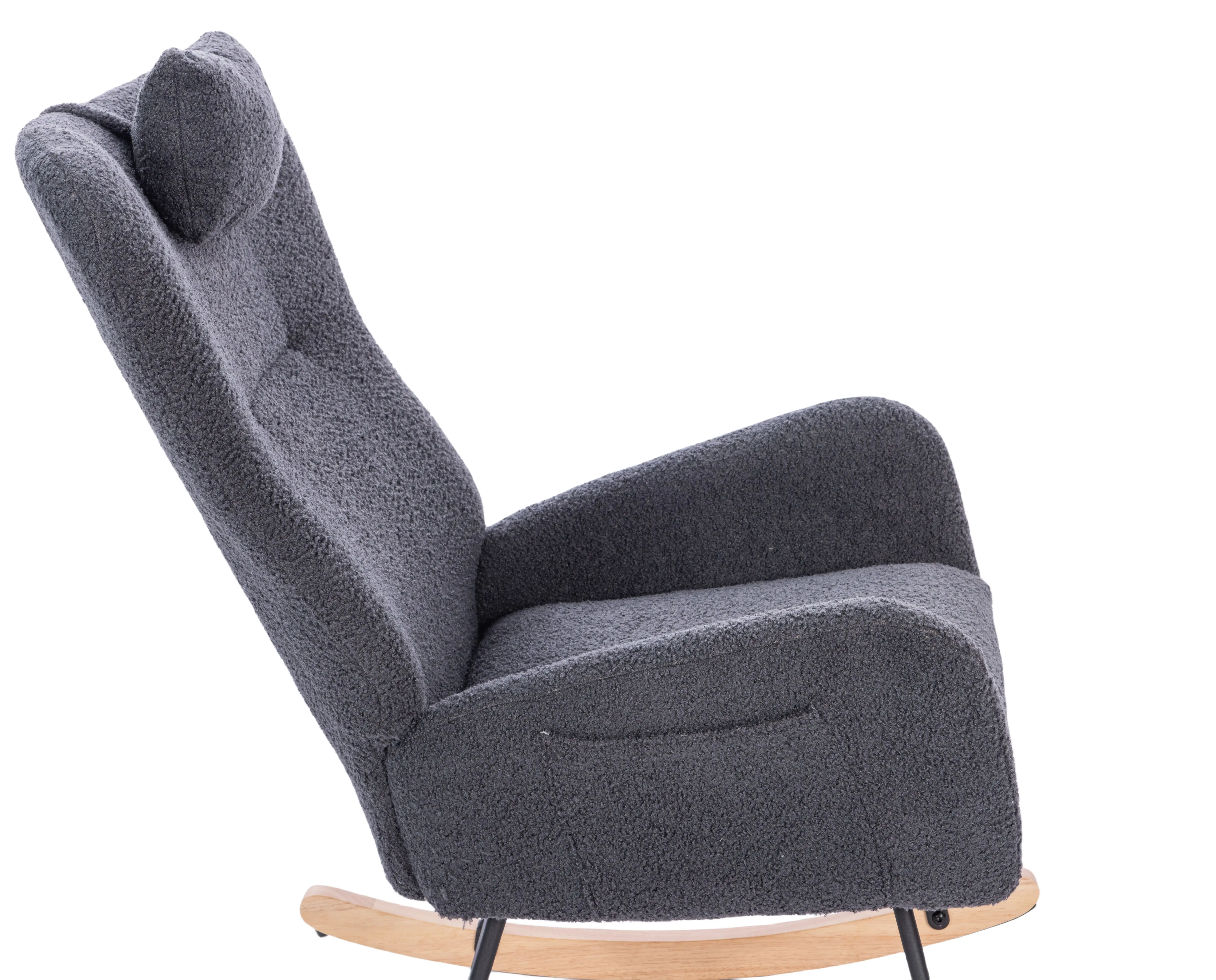Rocking Chair Nursery, Teddy Armchair with Wood Base, Baby Glider Rocker with Headrest & Side Handy Pocket, GREY