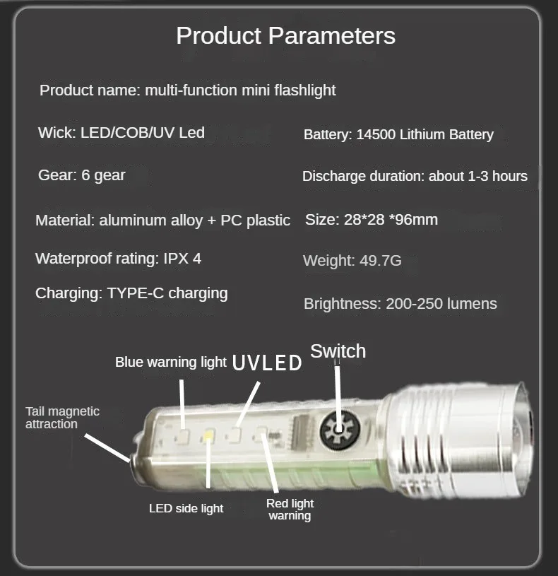 Mini Rechargeable 8modes LED Torch Lamp Super Bright 330 Lumens Waterproof Flashlight